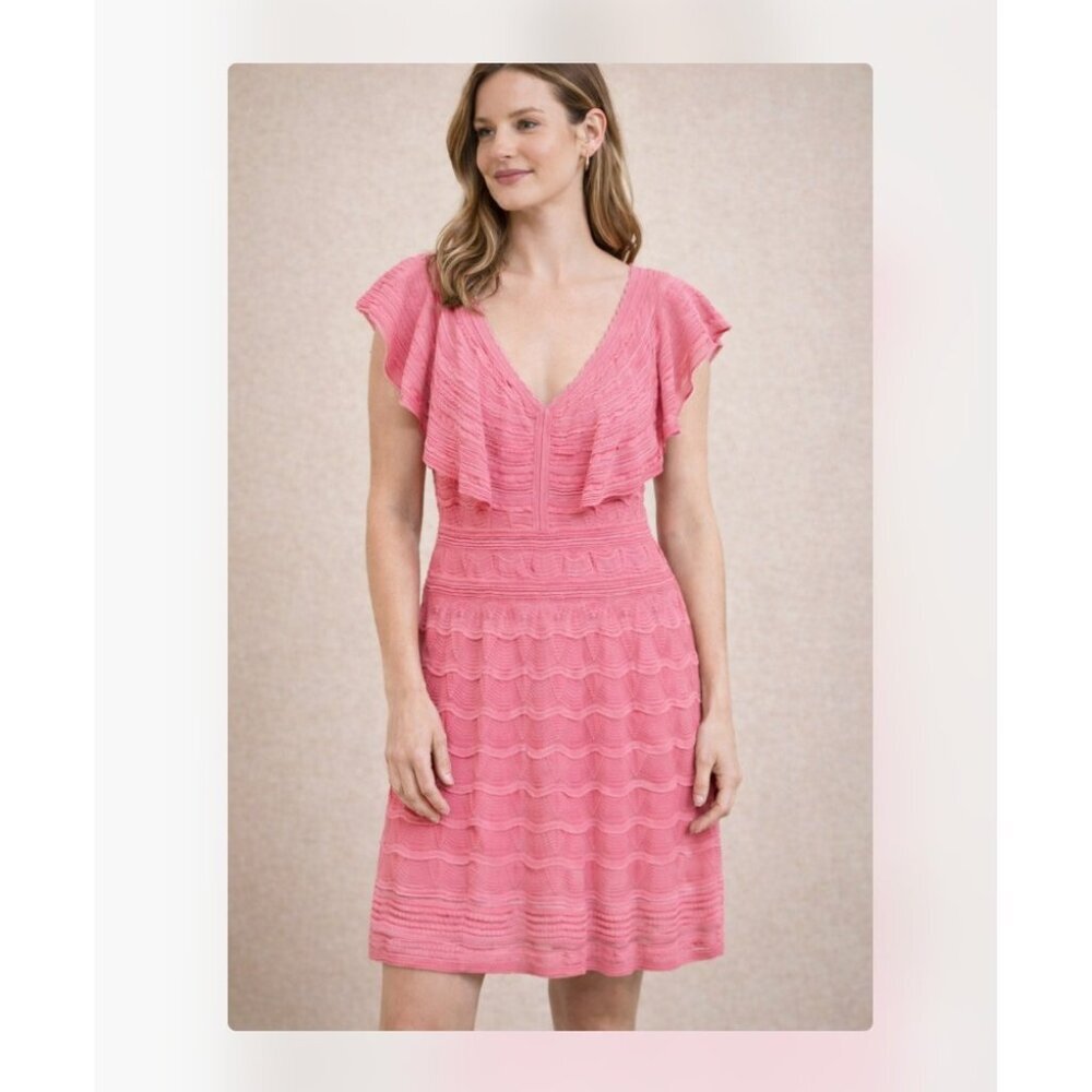 Missoni Dress Womens 40 Pink Knit Ruffle Flutter Sleeve Fit Flare Knee Length